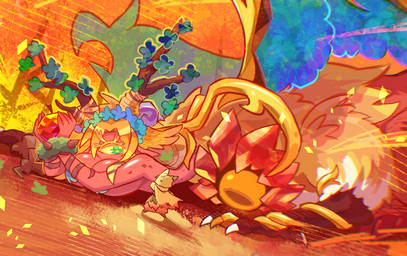 1_eye alternate_species ambiguous_gender animal_ears antlers apple biped blonde_eyelashes blonde_hair blue_wings bound breast_rest breasts cape chest_eye clothing clover_(plant) clover_leaf duo extreme_size_difference eyelashes female fire food fruit fur glistening glistening_body glistening_skin green_eyes green_wings hair hands_tied holding_apple holding_food holding_fruit holding_object hood horn humanoidized leaf long_hair looking_at_another lying mostly_nude_female mostly_nude_taur multicolored_wings on_front orange_body orange_scales pasties plant pointy_ears pupils purple_wings quadruped red_body red_skin scales size_difference slit_pupils taurified white_cape white_clothing wings wreath yellow_body yellow_fur yellow_sclera yellow_wings beco100me kirby's_return_to_dream_land_deluxe mythology magolor master_crown animal_humanoid dragon dragon_taur elemental_creature flora_fauna humanoid hybrid mythological_creature mythological_scalie scalie taur 2023 digital_drawing_(artwork) digital_media_(artwork) hi_res