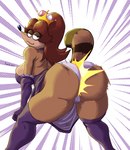 abstract_background anthro armwear ass_clapping big_breasts big_butt black_nose breasts brown_body brown_fur brown_hair butt camel_toe clothed clothing crossgender crown dress elbow_gloves eyebrow_through_hair eyebrows eyelashes female fur gloves hair half-closed_eyes handwear headgear legwear long_hair looking_at_viewer looking_back markings motion_lines mtf_crossgender narrowed_eyes panties raised_eyebrow side_boob smile solo stockings striped_markings striped_tail stripes super_crown tail tail_markings thick_thighs thigh_highs translucent translucent_hair twerking underwear junker_draws cartoon_network mario_bros nintendo regular_show rigbette_(benson_dancing) rigby_(regular_show) mammal procyonid raccoon 2023 absurd_res artist_name hi_res