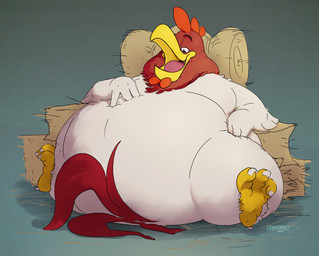 anthro beak belly big_belly chubby_cheeks fat_legs male moobs obese obese_anthro obese_male open_mouth overweight overweight_anthro overweight_male solo spread_legs spreading pancakedragon looney_tunes warner_brothers foghorn_leghorn avian bird chicken galliform phasianid