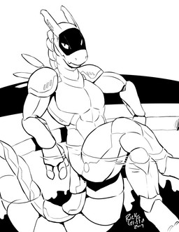 2_fingers antennae_(anatomy) anthro crossed_legs fingers male nude solo swimming_pool visor water rick_griffin synth_(vader-san) 2019 monochrome signature sketch