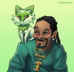 ambiguous_gender cheek_tuft clothed clothing cute_fangs dreadlocks drugs duo ear_piercing facial_hair facial_tuft fangs feral fur goatee goes_hard gold_(metal) gold_jewelry gold_necklace green_background green_body green_fur half-closed_eyes inner_ear_fluff jewelry longsleeve looking_at_another male narrowed_eyes necklace piercing red_eyes sharp_teeth simple_background sitting sitting_on_another smile smiling_at_another smiling_at_each_other stoned substance_intoxication teeth tuft flaviomodezto nintendo pokemon real_world snoop_dogg snoop_dogg_(character) generation_9_pokemon human mammal pokemon_(species) sprigatito 2022 absurd_res hi_res icon