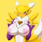 anthro big_breasts blue_eyes blush breasts chocolate_heart female fur heart_symbol nipples smile solo tuft yellow_body yellow_fur kemojin bandai_namco digimon canid canine digimon_(species) mammal renamon 1:1 2019 hi_res