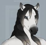 anthro black_face black_hair black_mane blue_background blue_eyes front_view fur gradient_hair grey_body grey_fur grey_hair grey_mane hair looking_at_viewer male mane mane_hair multicolored_body multicolored_face multicolored_fur multicolored_hair multicolored_mane simple_background snout solo text two_tone_body two_tone_face two_tone_fur two_tone_hair two_tone_mane white_body white_ears white_fur ta-ek equid equine horse mammal 2011 bust_portrait distracting_watermark portrait url watermark