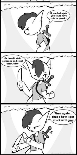 biped clothed clothing dagger dialogue ear_piercing hair holding_object holding_weapon long_ears melee_weapon piercing short_hair speech_bubble sword text topwear torn_clothing torn_topwear weapon whygena animate_inanimate humanoid orc 2017 comic digital_media_(artwork) english_text hi_res unavailable_at_source