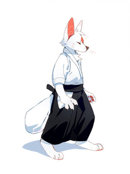 anthro black_bottomwear black_clothing black_pants bottomwear cheek_tuft clothed clothing eyes_closed facial_tuft fur male mouth_closed pants pawpads red_inner_ear red_pawpads simple_background solo standing three-quarter_view topwear tuft unsigned white_background white_body white_clothing white_ears white_fur white_topwear asnnonaka aka_(asnnonaka) canid canine fox mammal 3:4 full-length_portrait hi_res portrait