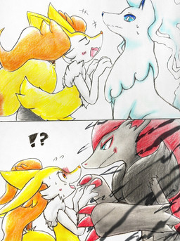 ambiguous_gender anthro anthro_on_anthro blue_eyes blush blush_lines bodily_fluids claws duo embarrassed feral fur grey_body grey_fur hair inner_ear_fluff interrobang looking_at_another multicolored_body open_mouth orange_body orange_eyes orange_fur red_hair scared shocked simple_background stick surprised sweat sweatdrop tail teasing tongue tuft white_body white_fur yellow_body yellow_fur eiroru nintendo pokemon alolan_form alolan_ninetales braixen canid canine generation_5_pokemon generation_6_pokemon generation_7_pokemon mammal pokemon_(species) regional_form_(pokemon) zoroark 2025 comic graphite_(artwork) hi_res traditional_media_(artwork)