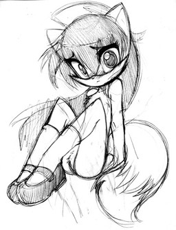 anthro biped clothing featureless_chest featureless_crotch female flat_chested footwear hair hat headgear headwear legwear long_hair looking_at_viewer mostly_nude_female shoes sitting smile socks solo stockings tail unknown_artist sugar_bits robin_(bleedman) canid canine fox mammal monochrome sketch source_request