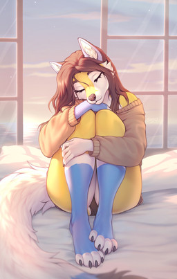 5_fingers anthro bed biped brown_hair butt clothed clothed_anthro clothed_female clothing cloud eyes_closed female fingers front_view fur furniture hair inside on_bed panties pillow sea sitting sitting_on_bed sky solo sun tail topwear underwear water white_tail window yellow_body yellow_fur smileeeeeee stripe_rose canid canine fox mammal 2025 absurd_res digital_drawing_(artwork) digital_media_(artwork) hi_res