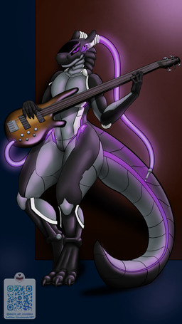 anthro bass_guitar guitar machine male musical_instrument plucked_string_instrument qr_code solo string_instrument zoemezune erbrow android robot synth_(vader-san) 4k 9:16 absurd_res hi_res
