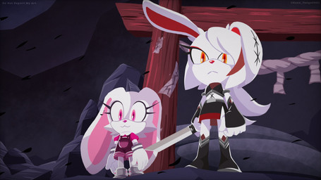 5_fingers anthro boulder clothed clothing duo female fingers footwear gloves hair handwear holding_object holding_weapon melee_weapon pink_eyes rock scar shoes standing sword weapon kanayanga 2spot_studio bloody_bunny_(series) sega sonic_the_hedgehog_(series) bloody_bunny mumu_(bloody_bunny) lagomorph leporid mammal rabbit 16:9 2023 crossover digital_media_(artwork) hi_res widescreen