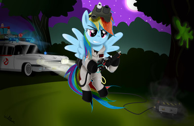 car clothing ecto-1 female grass moon night pink_eyes plant solo tree uniform vehicle wings colonelwalther friendship_is_magic ghostbusters hasbro my_little_pony mythology rainbow_dash_(mlp) equid equine horse mammal mythological_creature mythological_equine pegasus pony absurd_res hi_res