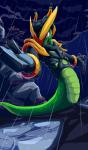 anthro armor cloud green_body green_scales green_skin male outside pink_eyes raining scales solo wet goshaag freedom_planet galaxytrail serpentine_(freedom_planet) reptile scalie snake absurd_res cel_shading hi_res shaded