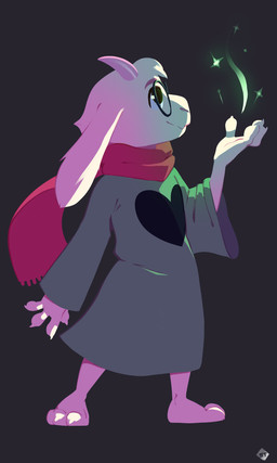 3_fingers anthro clothed clothing dress eyewear feet fingers glasses handpaw hindpaw horn long_dress long_ears magic male paws plantigrade scarf simple_background smile solo storyteller_(artist) deltarune undertale_(series) ralsei bovid caprine darkner goat mammal 3:5 absurd_res hi_res