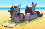 5_fingers anthro anthrofied beach beach_towel big_breasts bikini black_hair blue_eyes book breast_squish breasts butt calves_up clothing cloven_hooves crossed_arms curved_horn eyelashes eyewear female fingers fluffy_arms foot_tuft frown fur glasses grey_body grey_fur hair heel_tuft highlights_(coloring) hooves horn legs_in_air lidded_eyes long_hair looking_at_viewer looking_up lying lying_on_ground on_front on_ground pink_clothing pink_highlights pink_swimwear pose presenting purple_hooves reading reading_book sand sea seaside smile solo squish summer sunbathing swimwear the_pose towel tuft two-piece_swimsuit underhoof unimpressed water duragan mythology them's_fightin'_herds oleander_(tfh) equid equine mammal mythological_creature mythological_equine unicorn 2021 hi_res pinup