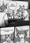 angry anthro bodily_fluids dialogue duo fast_food food fries humor joke male nervous_sweat restaurant smile sweat sunny_frostwolf beastars bill_(beastars) legoshi_(beastars) canid canine canis felid mammal pantherine tiger wolf absurd_res comic greyscale hi_res monochrome