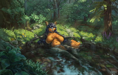 5_fingers anthro biped blue_eyes blue_hair breasts claws countershade_fur countershade_torso countershading featureless_breasts female finger_claws fingers forest front_view fur grey_body grey_fur grey_tail hair heterochromia inner_ear_fluff navel nude nude_anthro nude_female outside partially_submerged pink_eyes plant sitting solo tail tree tuft water aurru canid canine fox mammal 2025 digital_drawing_(artwork) digital_media_(artwork)