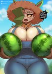 anthro big_breasts biped blurred_background breasts clothed clothing cloud dialogue eyebrows farmer female food freckles front_view fruit gloves green_eyebrows hair hair_over_eye handwear happy hat headgear headwear huge_breasts innuendo looking_at_viewer melon one_eye_obstructed open_mouth outside overalls plant smile solo starry_eyes straw_hat text thick_thighs thigh_gap watermelon wide_hips wife gammainks nintendo pokemon malon_(gammainks) eeveelution generation_4_pokemon leafeon pokemon_(species) 2024 artist_name digital_media_(artwork) english_text hi_res