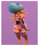 anthro big_hat blonde_hair border breasts buckteeth clothed clothing female fur genitals hair huge_hips kerchief legwear looking_at_viewer neckerchief neckwear one_eye_closed pear-shaped_figure pigtails pussy small_breasts solo tan_body tan_fur teeth thick_thighs thigh_highs thong_down union_jack_clothing white_border wide_hips wink winking_at_viewer anormaluser cartoon_network foster's_home_for_imaginary_friends eurotrish imaginary_friend mammal hi_res