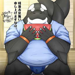 anthro belly big_belly black_body clothing eyes_closed food fruit humanoid_hands kemono male melon overweight overweight_anthro overweight_male plant sitting solo text underwear watermelon watermelon_slice white_body tanutronik753_k aquatic cetacean dolphin mammal oceanic_dolphin orca toothed_whale 1:1 2020 hi_res japanese_text