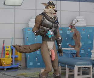 anthro antlers awkward awkward_smile balls big_penis bottomless brown_body clothed clothing duo flaccid foreskin genitals half_naked horn locker_room male male/male nude penis tail vein veiny_penis yellow_sclera pumpkinmilkyway dollymolly323_(modeler) zanjideaf7_(modeler) epic_games fortnite dolph_(fortnite) wendell_(fortnite) canid canine canis deer mammal new_world_deer reindeer wolf 2026 3d_(artwork) absurd_res digital_media_(artwork) hi_res