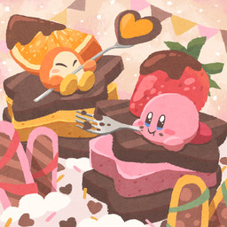 ambiguous_gender candy chocolate cutlery dessert detailed_background duo eating eating_food eyes_closed food fork fruit fruit_slice kitchen_utensils not_furry orange_(fruit) orange_slice plant strawberry tools ara_love_kirby kirby_(series) nintendo kirby alien waddle_dee waddling_head 1:1 clip_studio_paint_(artwork) detailed digital_media_(artwork) hi_res