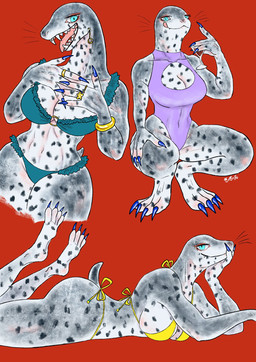 anthro big_breasts bikini blue_clothing blue_eyes blue_nails blue_swimwear breasts butt claws cleavage cleavage_cutout clothed clothing colored_nails cutout fangs feet female fur grey_body jewelry looking_at_viewer lying markings membrane_(anatomy) nails navel on_front one-piece_swimsuit open_mouth pose red_background ring sharp_teeth side-tie_bikini simple_background smile solo spots spotted_body string_bikini swimwear tail teeth thick_thighs toes tongue tongue_out two-piece_swimsuit webbed_hands whiskers kyokyota aquatic leopard_seal mammal pinniped seal 2025 hi_res multiple_scenes