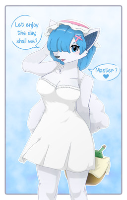 anthro anthrofied basket big_breasts biped blue_background blue_eyes blue_hair blush border breasts cheek_tuft cleavage clothed clothing container dialogue dress facial_tuft female fluffy fluffy_tail fur grey_nose hair hair_over_eye hand_behind_back hand_behind_head hat headgear headwear heart_symbol holding_object inner_ear_fluff looking_at_viewer master one_eye_obstructed open_mouth open_smile outline outside_border pokemorph raised_arm short_hair simple_background smile snout solo speech_bubble standing tail talking_to_viewer text tuft white_body white_border white_clothing white_fur white_tail wine_bottle metaljaw75 nintendo pokemon re:zero rem_(re:zero) alolan_form alolan_vulpix canid canine generation_7_pokemon mammal pokemon_(species) regional_form_(pokemon) 2017 absurd_res cool_colors digital_drawing_(artwork) digital_media_(artwork) english_text hi_res light_theme