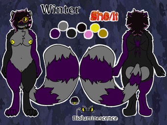 anthro choker clitoris ear_piercing eyewear female fur genitals glasses grey_body grey_fur jewelry necklace nipples piercing purple_body purple_fur raccoon_tail solo standing yellow_clitoris yellow_genitals yellow_nipples yellow_sclera cool_text_graphics_generator winrawrexe my_chemical_romance winter_ithring mammal procyonid raccoon absurd_res hi_res model_sheet
