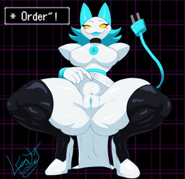 anthro big_breasts blush blush_stickers breasts clothing female floating_hands footwear genitals high_heels legwear machine shoes socks solo spread_legs spreading tail thick_thighs thigh_highs thigh_socks vulva yellow_eyes emmet_twunks deltarune undertale_(series) tasque_manager android darkner felid feline mammal robot absurd_res hi_res