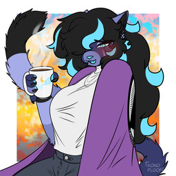 anthro asexual beverage blush clothed clothing coffee coffee_mug container cup female fingers fur hair looking_at_viewer multicolored_hair simple_background smile solo two_tone_hair konofluff halo_(series) microsoft xbox_game_studios konofluff_(konofluff) felid feline mammal absurd_res digital_media_(artwork) hi_res