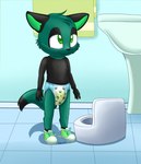 anthro bathroom black_clothing black_markings black_shirt black_topwear bodily_fluids clothing diaper footwear genital_fluids green_body green_eyes leaking male markings peeing potty potty_chair potty_training pull-ups_(diaper) shirt shoes solo toilet topwear unclean_diaper urine used_diaper wet_diaper wetting young young_anthro conejoblanco connor_mccruz canid canine canis coyote mammal hi_res