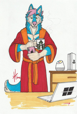 anthro apple bathrobe blue_body blue_fur cheek_tuft clothing computer container cup electronics facial_tuft food front_view fruit fur glistening glistening_eyes green_eyes hair holding_container holding_cup holding_mug holding_object holding_phone laptop male male_anthro mouth_closed mug neck_tuft phone pink_hair pink_nose plant robe short_hair simple_background solo standing steam tuft white_background white_body white_fur windows_logo hufnaar google playstation sony_corporation sony_interactive_entertainment starbucks canid canine mammal 2018 dated hi_res