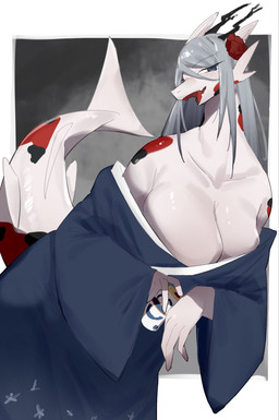 anthro big_breasts blush breasts clothed clothing female hair horn looking_at_viewer simple_background solo tail white_body akchi mythology amur_carp aquatic carp cyprinid cypriniform dragon fish hybrid koi mythological_creature mythological_scalie scalie typical_carp hi_res