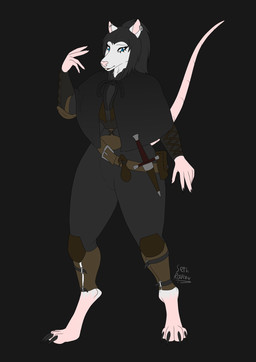 anthro armor barefoot belt belt_buckle belt_pouch black_hair black_nails blue_eyes bottomwear bracers buckle buckteeth cape claws clothed clothed_anthro clothed_female clothing colored_nails dagger ear_piercing ear_ring elbow_pads eyelashes feet female fur greaves hair knee_pads lips long_tail melee_weapon mouth_closed nails neck_tuft no_shoes pants piercing pink_nose ponytail red_lips ring_piercing scabbard sharp_nails sheathed_weapon simple_background solo tail teeth tuft weapon white_body white_fur sethraven4 lucretia_sullivan mammal murid murine rat rodent absurd_res flat_colors hi_res signature trans_(lore) trans_woman_(lore)