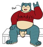 anthro balls belly body_hair clothing crop_top feet genitals gesture hand_gesture leg_hair male overweight penis pubes shirt sitting solo stubble topwear baconatordeluxe nintendo pokemon meal_(character) generation_1_pokemon pokemon_(species) snorlax