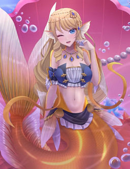 alternate_species blonde_hair blue_eyes breasts clothed clothed_female clothing ear_fins female fin hair light_body light_skin mermaidification navel one_eye_closed solo split_form topwear zephylyne genshin_impact mihoyo navia_(genshin_impact) aquatic humanoid_merfolk merfolk 2025 hi_res