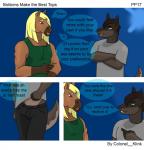 anthro blue_background bottomwear canid canine clothed clothing colonel_klink comic dialogue duo english_text equid equine fully_clothed hi_res horse isaac_(colonel_klink) male male/male mammal pants simple_background speech_bubble text