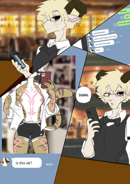 anthro beard black_eyes blonde_hair blurred_background bottomwear bow_tie breasts brown_body brown_fur cellphone chat clothed clothing colored_nails curled_horn detailed_background dialogue duo electronics eye_scar facial_hair facial_scar female flashing fur hair holding_object horn hotpants light_body light_skin long_sleeve_shirt looking_at_object magical_tattoo male male/female markings mirror mirror_selfie nails nipples open_clothing open_mouth open_shirt open_topwear phone red_eyes scar selfie shirt short_hair shorts slim small_breasts smartphone snout speech_bubble striped_markings stripes text topwear tuxedo_vest white_body white_hair white_skin womb_tattoo sparxel ichime bovid caprine felid feline goat mammal absurd_res comic digital_drawing_(artwork) digital_media_(artwork) hi_res picture_in_picture