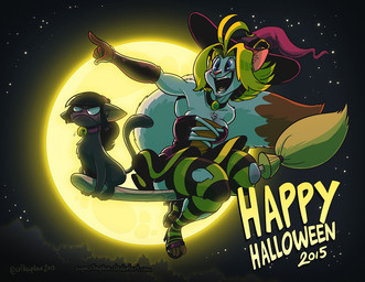 anthro blue_eyes broom cleaning_tool clothing duo female feral full_moon hat headgear headwear magic_user moon smile witch witch_hat crikeydave las_lindas rachael_saleigh sarah_silkie domestic_cat felid feline felis mammal signature