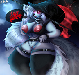 anthro areola axe belt big_breasts big_butt bodily_fluids bottomwear breasts butt clothed clothing collar eyewear female fur genitals glasses hair hat headgear headwear holding_object huge_breasts huge_butt legwear lips looking_at_viewer melee_weapon moon muscular night nipples nude open_mouth outside puffy_nipples red_sclera simple_background smile solo standing star stockings tail teeth text thick_lips thick_thighs tongue topwear vulva weapon white_body white_fur wide_hips witch_hat zadrex hellaverse helluva_boss mythology loona_(helluva_boss) canid canid_demon canine demon hellhound mammal mythological_canine mythological_creature absurd_res digital_media_(artwork) english_text hi_res