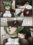 after_dark_(comic) ailurid anthro badger black_border black_hair blush border breasts camel_toe clothed clothing comic digital_media_(artwork) duo female female/female green_hair hair mammal mustelid musteline nanase red_panda sayuri sayuri_x_nanase theblackrook tongue