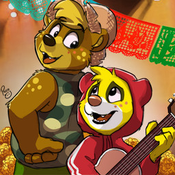 acoustic_guitar anthro blonde_hair bottomwear brown_body brown_fur clothed clothing duo fangs front_view fur glistening glistening_eyes green_bottomwear green_clothing green_pants green_topwear guitar hair hat headgear headwear holding_guitar holding_musical_instrument holding_object hoodie logo male male_anthro musical_instrument open_mouth open_smile pants playing_guitar playing_music plucked_string_instrument rear_view red_clothing red_hoodie red_tongue red_topwear short_hair smile string_instrument teeth tongue topwear white_body white_fur yellow_body yellow_fur young young_anthro young_male pandapaco bear mammal artist_logo hi_res signature