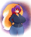 anthro big_breasts black_nose bottomwear breasts clothed clothing fangs female fur hair hoodie huge_breasts long_hair looking_at_viewer open_mouth orange_body orange_fur pants purple_eyes purple_hair red_hair smile solo sweatshirt teeth topwear white_body white_fur wide_hips fyxe_(artist) fyxe canid canine fox mammal 5:6