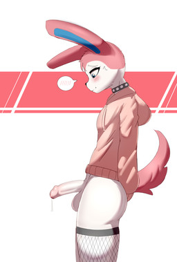 anthro anthrofied balls biped black_nose blue_eyes blue_inner_ear blush blush_lines bodily_fluids bottomless bottomless_anthro bottomless_male butt choker closed_smile clothed clothed_anthro clothed_male clothing collar dripping eyebrows femboy feminine_pose fishnet_clothing fishnet_legwear foreskin fur genital_fluids genitals glans grey_collar half-erect hood hood_down hoodie humanoid_genitalia humanoid_penis jewelry legwear looking_at_genitalia looking_at_own_penis looking_at_penis looking_at_self looking_down male male_anthro mouth_closed multicolored_body multicolored_fur necklace partially_retracted_foreskin penis pink_blush pink_body pink_ears pink_fur pink_glans pink_tail pokemorph precum precum_drip pupils red_background shaft_divide shy side_view simple_background smile solo speech_bubble tail tan_clothing tan_hoodie tan_topwear topwear two_tone_body two_tone_fur white_background white_body white_eyebrows white_fur white_sclera glace_popsicle nintendo pokemon eeveelution generation_6_pokemon pokemon_(species) sylveon english_description hi_res portrait shaded three-quarter_portrait