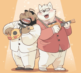 anthro beard brown_body brown_fur clothed clothing duo eyewear facial_hair fully_clothed fur glasses kemono male male/male musical_instrument overweight overweight_male singing string_instrument wearing_glasses white_body white_fur garouzuki modenji_(garouzuki) canid canine canis mammal wolf full-length_portrait hi_res portrait