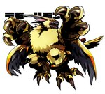 angry anthro big_claws claws fur long_ears male muscular muscular_anthro orange_eyes sharp_teeth solo teeth winged_arms wings yellow_body yellow_fur odenzzi bandai_namco digimon digimon_ghost_game digimon_(species) lamortmon monster