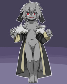 anthro biped black_clothing black_ears black_topwear breasts clothed clothing coat dog_tail fangs featureless_breasts featureless_crotch female floppy_ears front_view fur grey_body grey_fur looking_at_viewer lop_ears mostly_nude mostly_nude_anthro mostly_nude_female navel open_clothing open_coat open_mouth open_smile open_topwear outline plantigrade pose red_eyes slim slim_anthro slim_female small_breasts smile solo standing teeth topwear white_outline pizademokttero canid canine canis domestic_dog mammal 2023 4:5 absurd_res cel_shading digital_drawing_(artwork) digital_media_(artwork) hi_res shaded