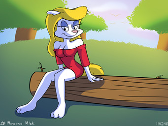 3_toes anthro barefoot breasts cleavage clothed clothing dress feet female forest log looking_at_viewer off_shoulder plant sitting solo toes tree wood funktilda animaniacs warner_brothers minerva_mink mammal mink mustelid musteline true_musteline 4:3 hi_res