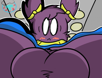 anthro balls blue_bottomwear blue_clothing blue_skirt blush bottomwear ceiling cheek_tuft close-up closed_frown clothed clothed_anthro clothed_male clothing crossdressing empty_eyes facial_tuft fluffy_ears frown frowning_at_viewer fur genitals grey_wall hair inside light logo looking_at_viewer low-angle_view male male_anthro mouth_closed noseless outline purple_balls purple_body purple_fur purple_hair shirt short_hair skirt solo surprised topwear tuft wall_(structure) white_outline wide_eyed yellow_clothing yellow_ribbon yellow_shirt yellow_topwear mintytempest kappa_mikey guano_(kappa_mikey) mammal unknown_species 2017 artist_logo colored digital_drawing_(artwork) digital_media_(artwork) english_description lighting shaded