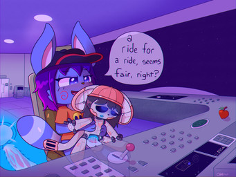 age_difference anthro anthro_on_anthro anthro_penetrated anthro_penetrating anthro_penetrating_anthro black_clothing black_hair black_hat black_headwear black_sclera blue_eyes blue_hair blue_insides blue_vulva blush bodily_fluids bottomless bottomless_anthro bottomless_male cervical_contact cervix clothed clothing cum cum_in_uterus cum_in_vagina cum_inside cutaway dialogue duo facial_markings female female_anthro female_penetrated genital_fluids genitals glowing glowing_eyes glowing_genitalia glowing_mouth glowing_vulva hair hat head_markings headgear headwear holding_torso internal internal_vaginal larger_anthro larger_male long_ears machine male male/female male_anthro male_penetrating male_penetrating_female markings nude nude_anthro nude_female on_lap open_mouth orange_clothing orange_shirt orange_t-shirt orange_topwear penetration penis pink_clothing pink_hat pink_headwear pink_spots ring_(marking) ringed_tail robophilia sex shirt sitting sitting_on_lap size_difference smaller_anthro smaller_female smaller_penetrated space spacecraft speech_bubble spots striped_markings striped_tail stripes t-shirt tail tail_markings text topwear translucent uterus vaginal vaginal_penetration vehicle vulva young younger_female parmiheart chimi_(parmiheart) i-24_(izzyybelles) hybrid lagomorph leporid mammal rabbit robot robot_anthro 4:3 absurd_res chromatic_aberration english_text hi_res